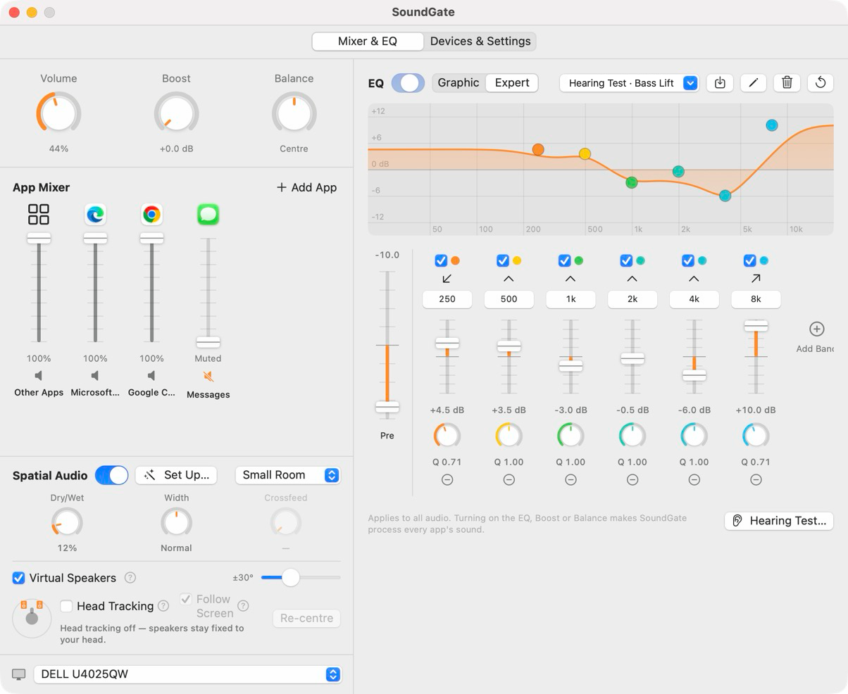 SoundGate's Mixer & EQ window: volume, boost and balance knobs, an app mixer, spatial audio settings and a parametric equalizer